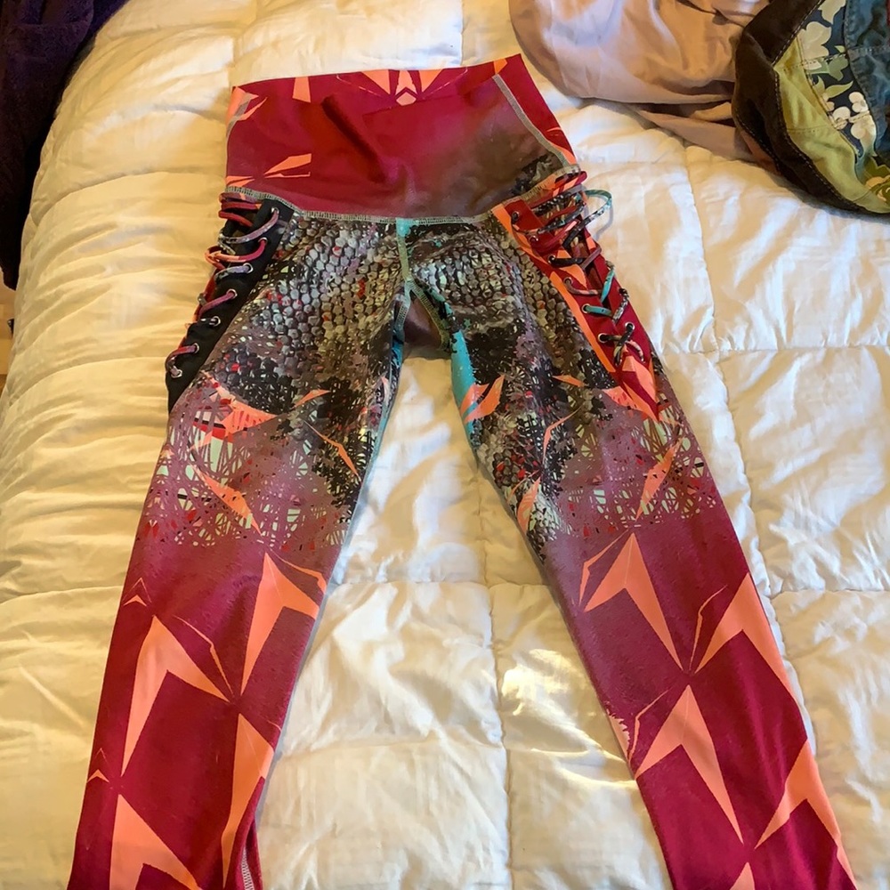 Rare Mika Yoga Wear Leggings Snake Multi colored pattern with side lacing accent